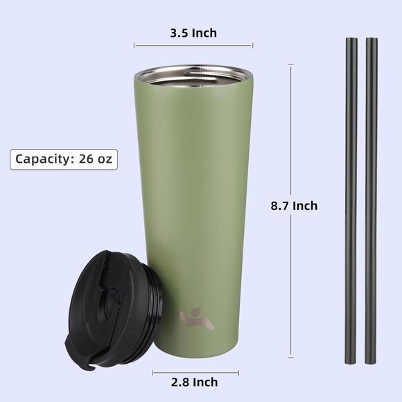 Konokyo 26oz Insulated Tumbler Army Green w/ Lid & 2 Straws Stainless Steel - Picture 3 of 6